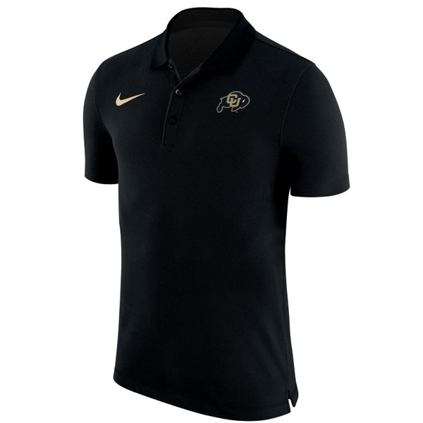 Black Nike polo shirt with CU Buffaloes logo on left chest and gold Nike swoosh on right chest